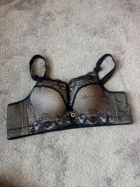 Fallsweet Black Lace Mesh Dotted Underwire Bra Lined Lingerie SIZE 42C